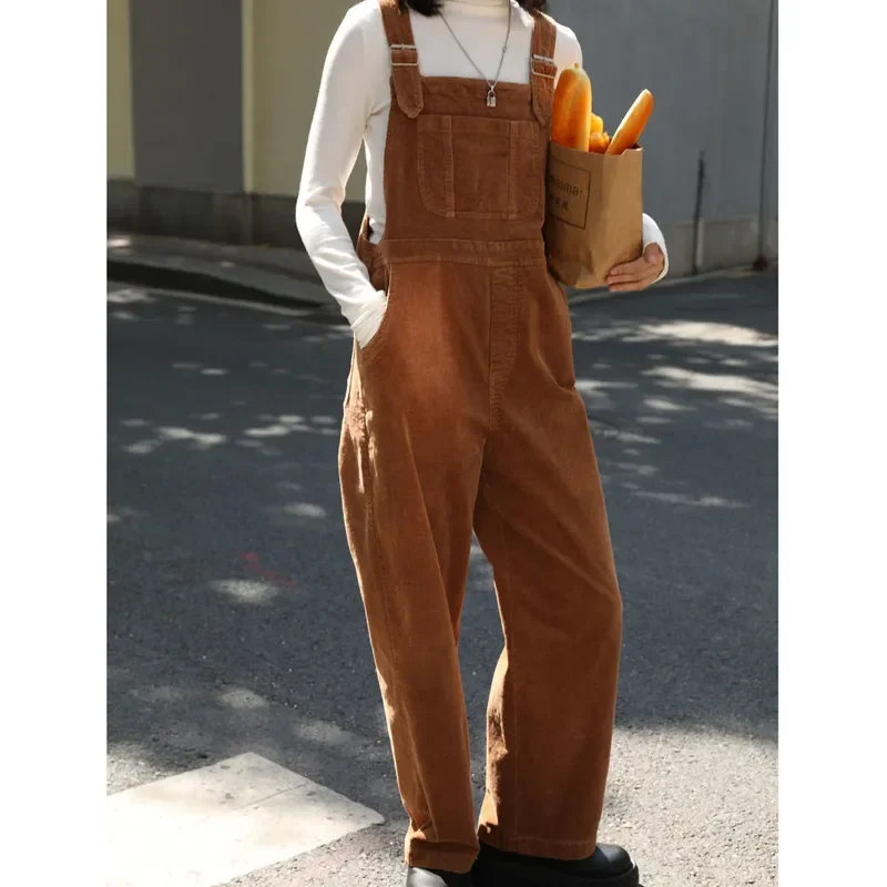 

Brown Corduroy Jumpsuits Women Autumn New Straight Baggy Overalls Vintage Casual Wide Leg Trousers Female Jump Suits for Women