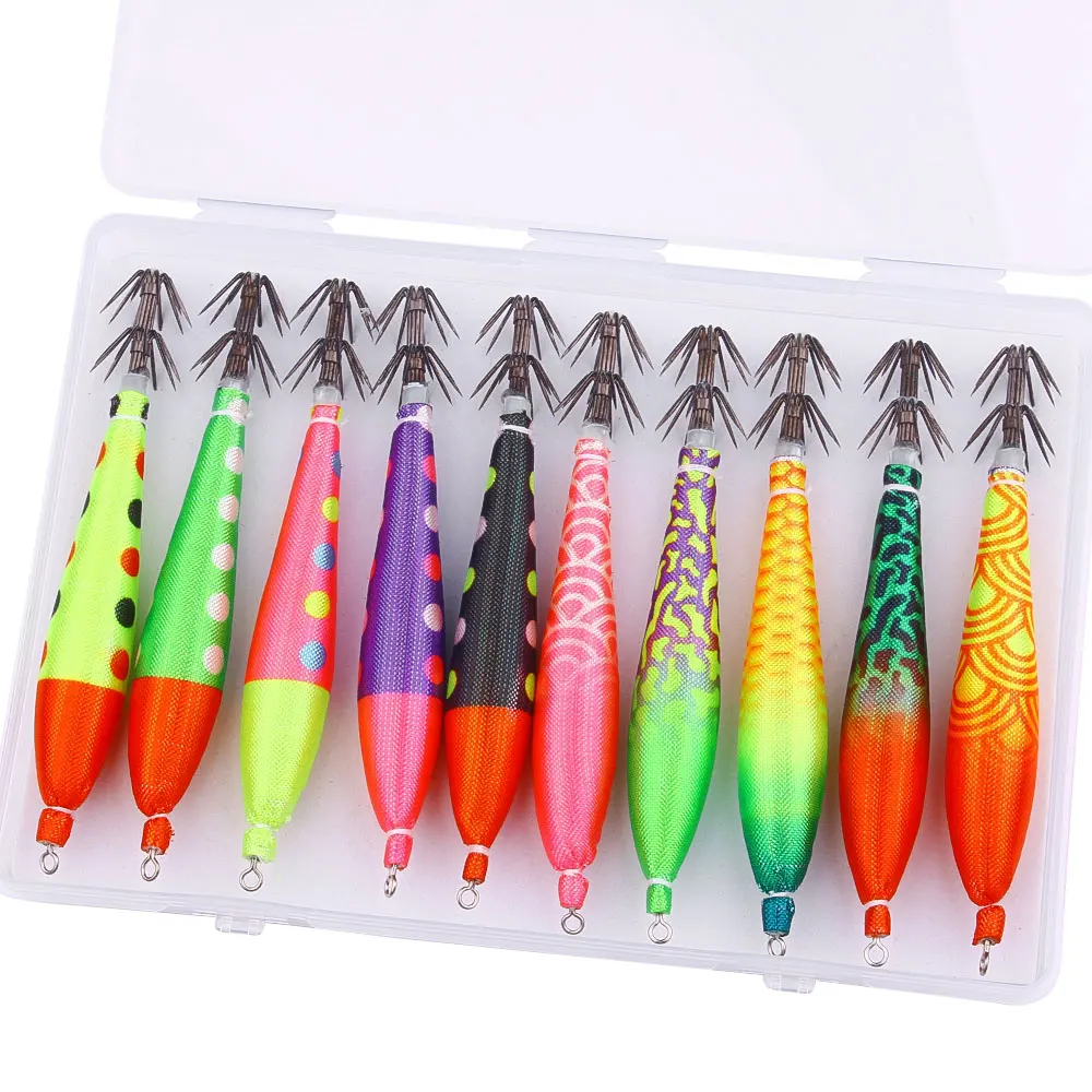10er-Set Leuchtende Tintenfisch-Jigs 4,4g – Im Dunkeln leuchtende Garnelenköder, horizontale Tintenfischköder mit Tackle Box für Oktopus-Angeln