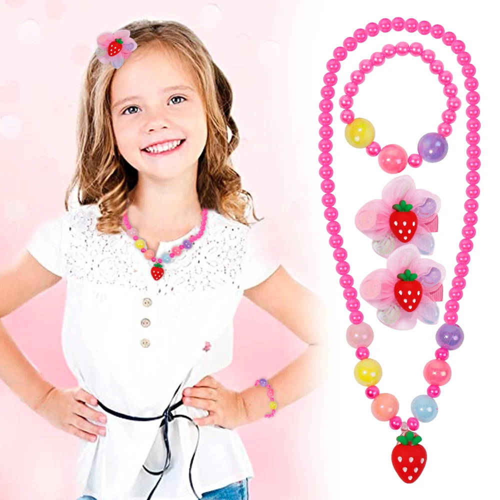 4Pcs/Sets Children's Hair Accessories Set With Necklace Hair Clip Light Color Cute For Kids Fashion Gift Flower Fruits Hair Clip