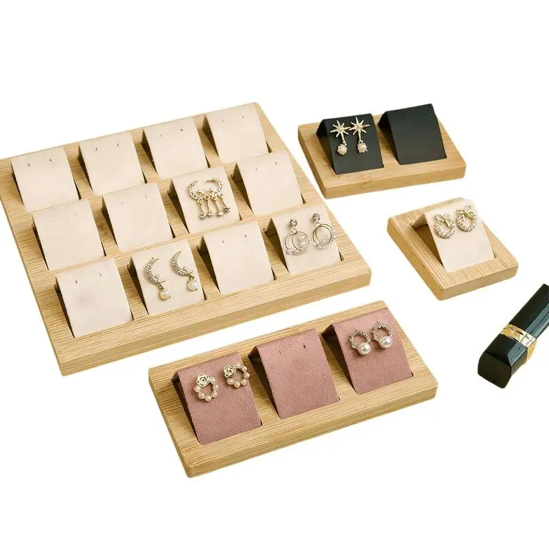 Bambus-Holz-Ohrringständer, DIY-Schmuckaufbewahrungsschale aus Samt und PU-Leder für Schaufenster und Thekenpräsentationen – Detail 6