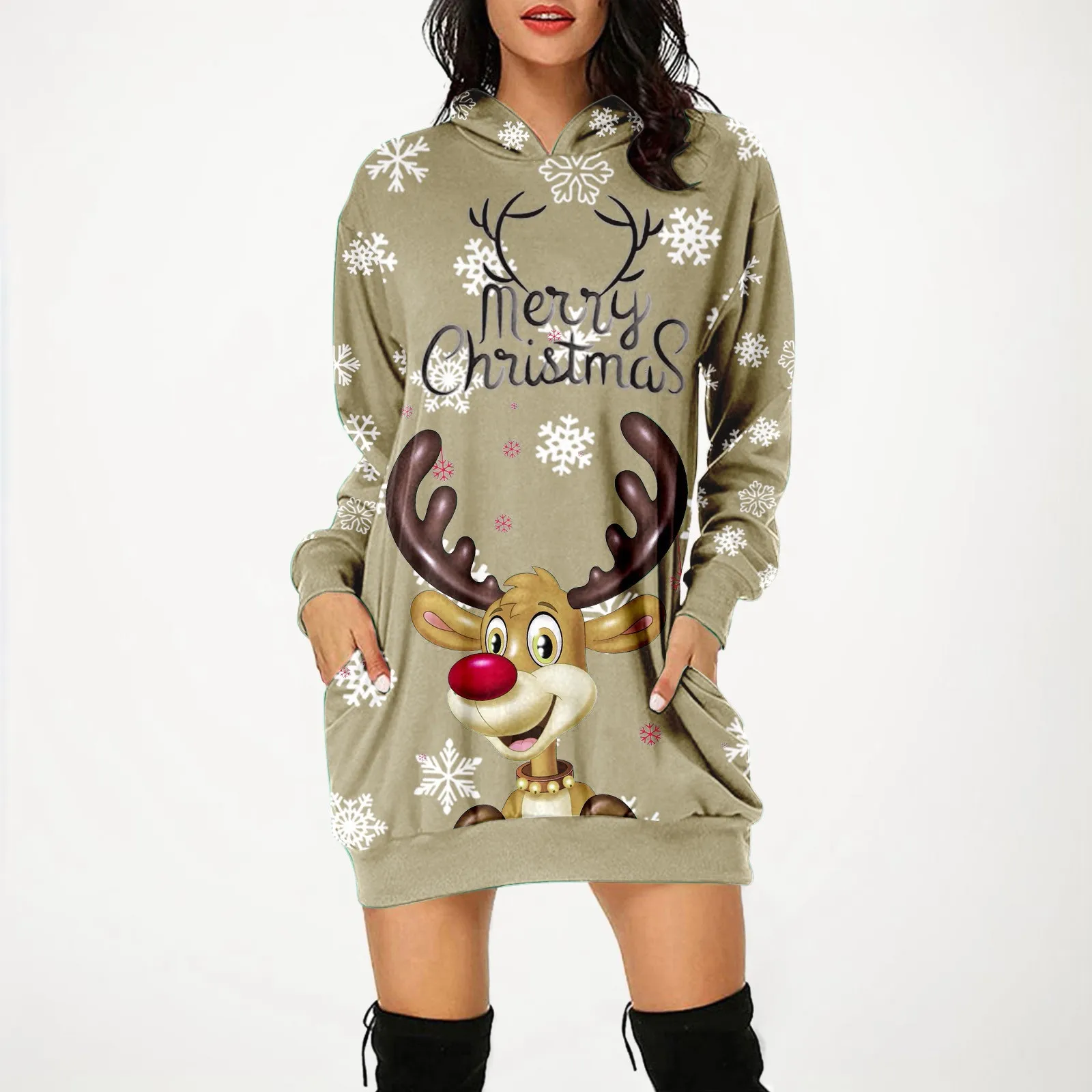 

Ladies Christmas Printed Long Sleeved Hooded Sweatshirt Dresses With Pockets Fashionable Casual Cropped Dress For Female