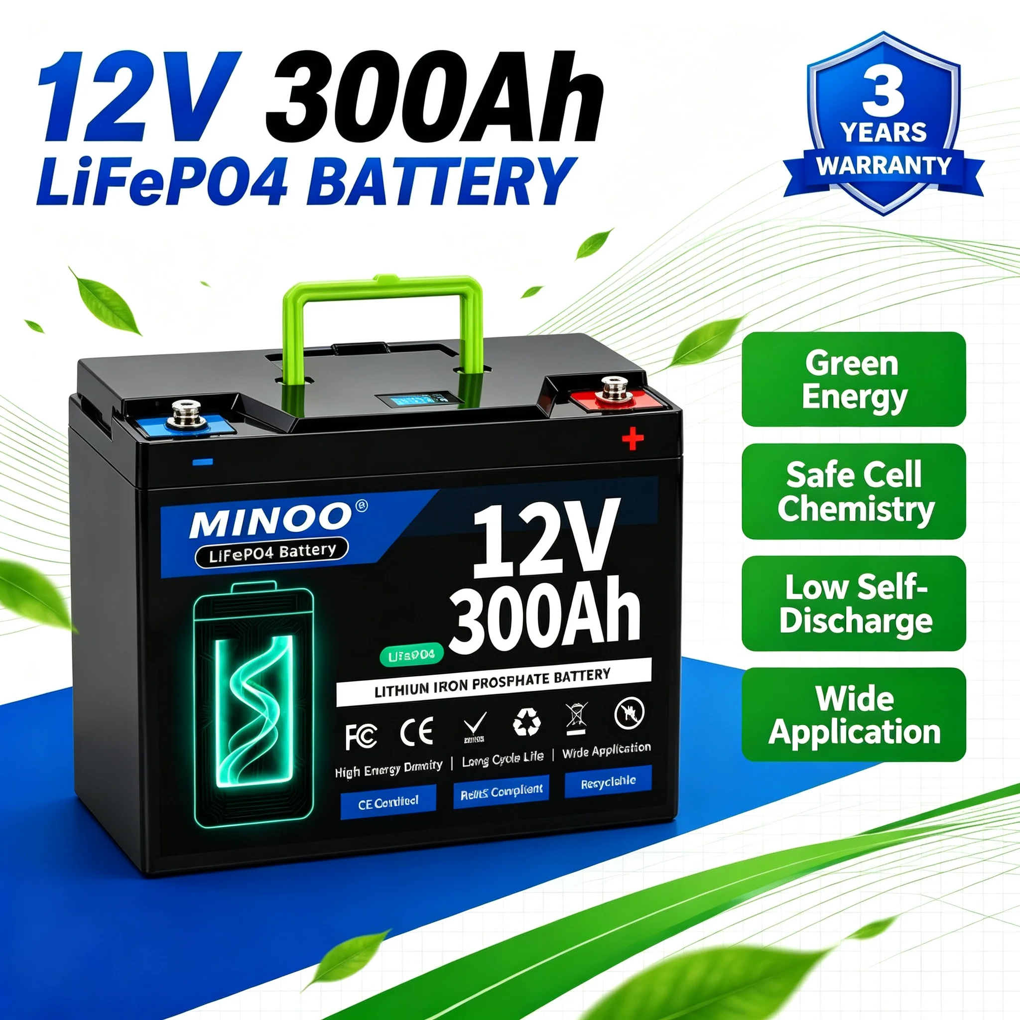 12V 300Ah Lithium LiFePO4 Battery Built-in 300A BMS High Capacity Deep Cycle Battery for RV Solar Marine Backup Power