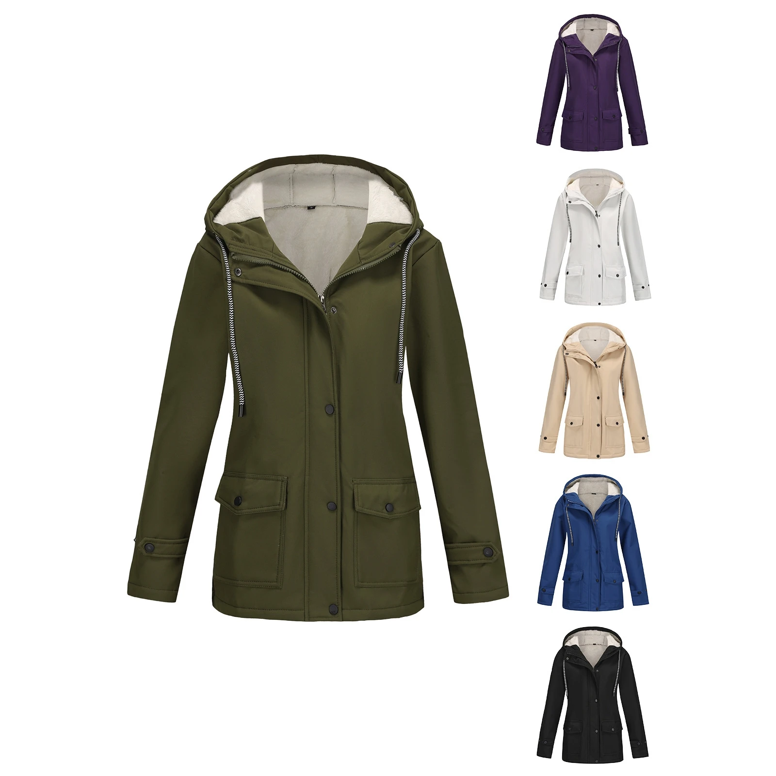 Women's Spring Autumn Hooded Windbreaker Composite Fleece Jacket Commute Style Long Sleeve Zipper Closure Mid-Length Coat