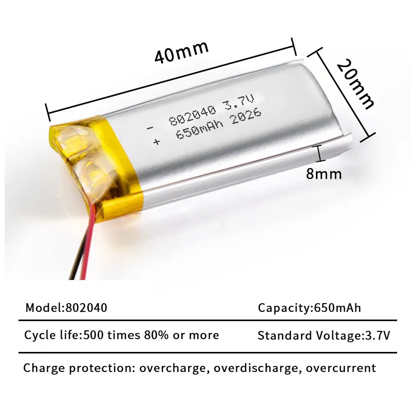 10PCS 3.7V 802040 Battery 650mAh Lipo Rechargeable Cell with PH2.0 for GPS Tracker Bluetooth Earphone Mini Audio Recorder CE