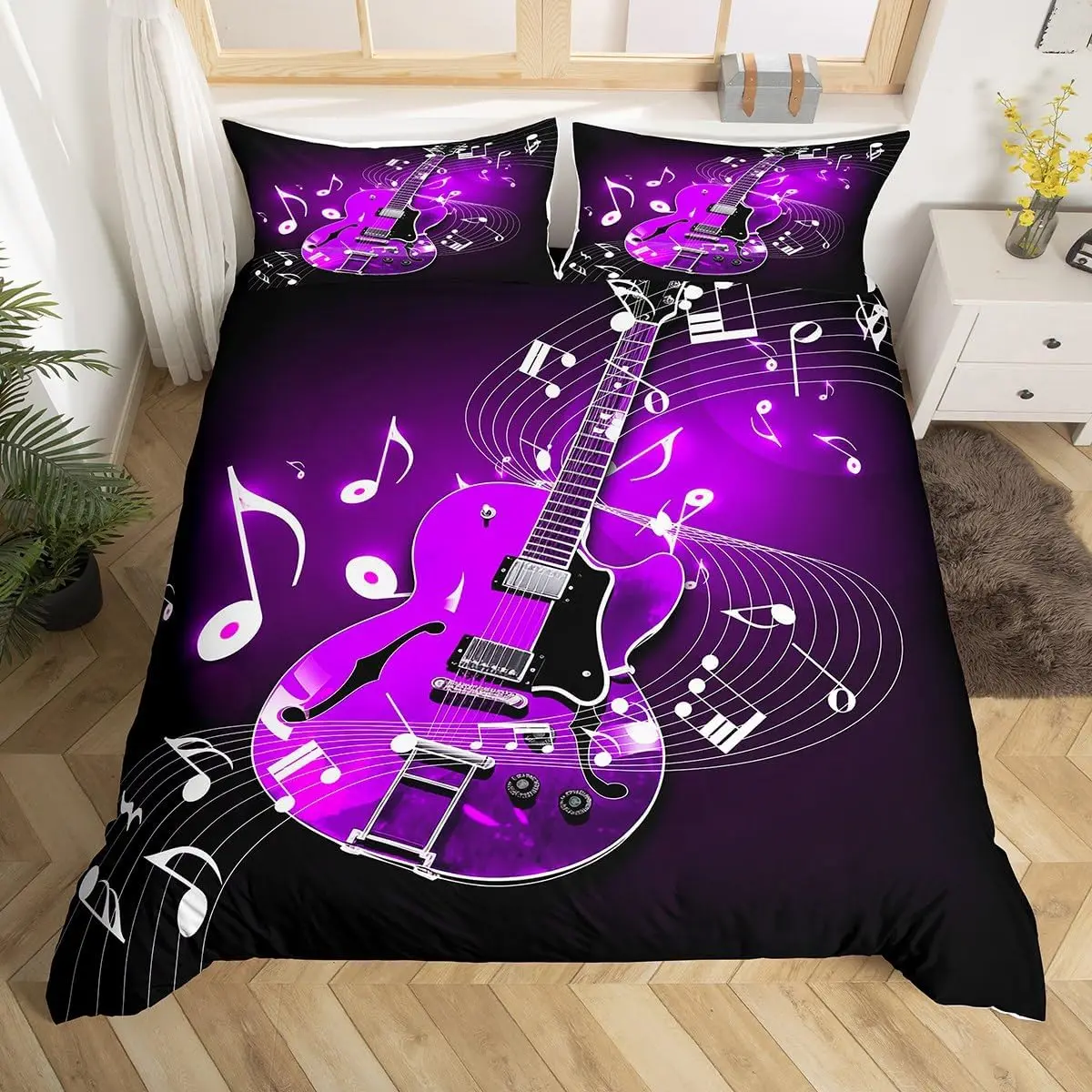 Guitar Duvet Cover Full Queen Music Theme Bedding Set for Teens Adult,Musical Pop Modern Music Stringed Instruments Quilt Cover