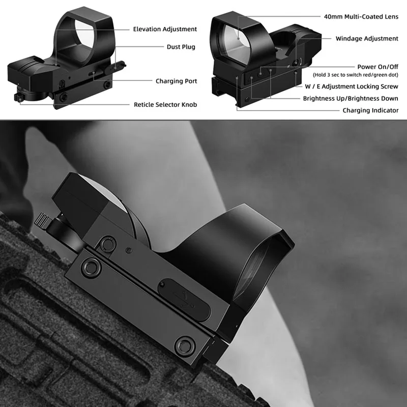 

EZshoot Rechargeable Motion Awake Multiple Reticle Red Green Dot Sight 40mm Large Lens Reflex Scope Optics Paintball Sights