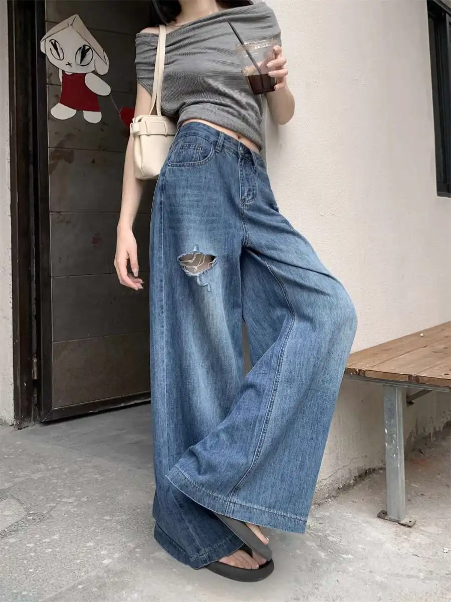 

Washed Ripped Wide-Leg Jeans for Women Summer 2025 New High-Waisted Loose Straight Niche Style Elegant Long Pants