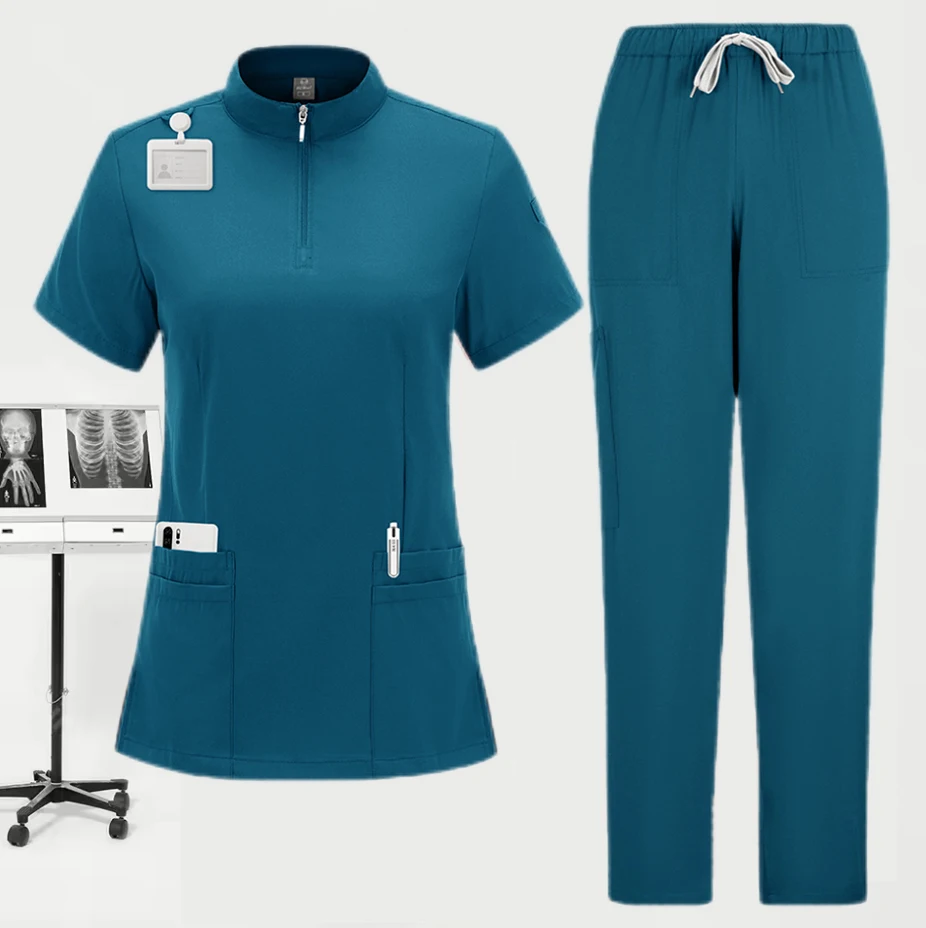 Nouveaux uniformes chirurgicaux médicaux femme gommage ensemble Salon de beauté vêtements de travail gommages cliniques haut poche pantalon vétérinaire médecin Zip combinaison d'allaitement