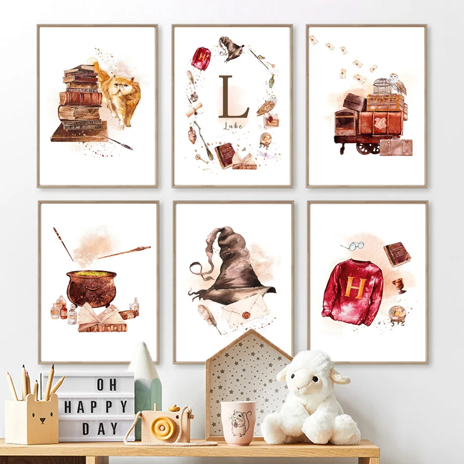 Alphabet Wall Art Canvas Painting Nordic Posters And Prints Pictures Baby Kids Room Decor Wizard Magic Owl Cat Broom Potter