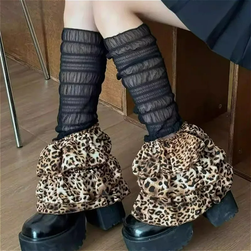 Nuevo Vintage Y2K Punk estampado de leopardo calentador de piernas mujeres malla negra escalonado calcetines de pantorrilla invierno cálido subcultural botas cubre puños