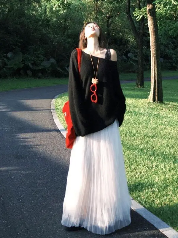 

Bla Asymmetrical oulder Sweater Women's Loose Sle Knitted Top Lazy Faion Ba Exposure Autumn Winter Korean Aospher...