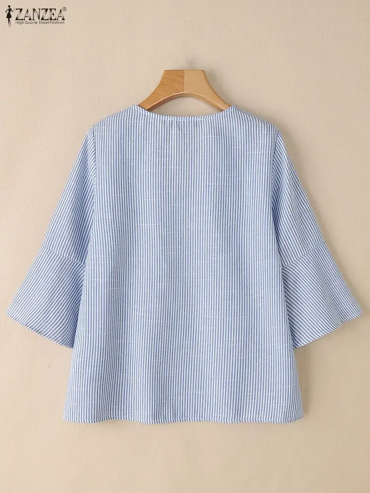 2025 ZANZEA مكتب بلوزة مخططة المرأة الخريف بلايز عادية الخامس الرقبة 3/4 كم Blusas الإناث OL قمصان العمل Mujer قميص كبير الحجم