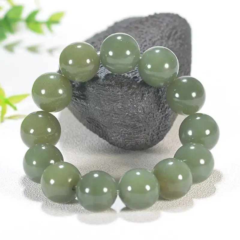 Natural hand-carve Baranglet Xinjiang Hetian Jade Green White Round Beads bracelet jewelry Men Women Luck Gifts