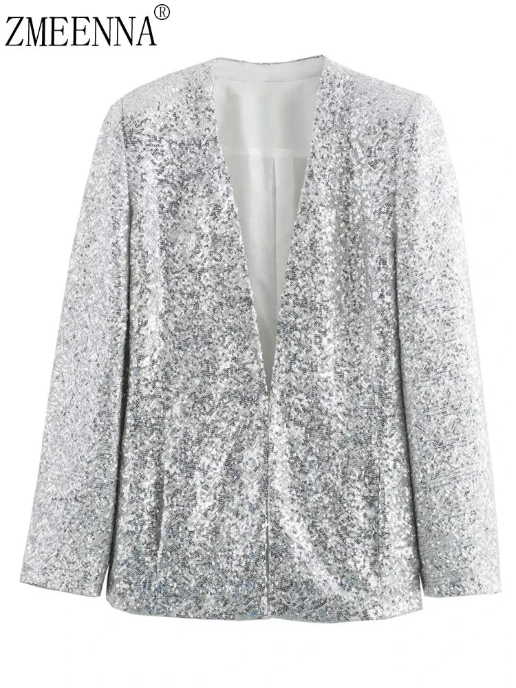 ZMEENNA Silvery Sequin Pocket Elegant Blazer Women New V-neck Long Sleeve Loose Fit Jacket Fashion Tide Spring Autumn 2024 ZM250