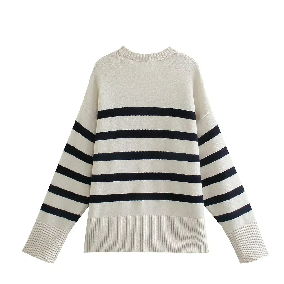 Women 2023 New Fashion Wide Stripe Knitted Sweater Vintage O Neck Long Sleeve Female Pullovers Chic Tops