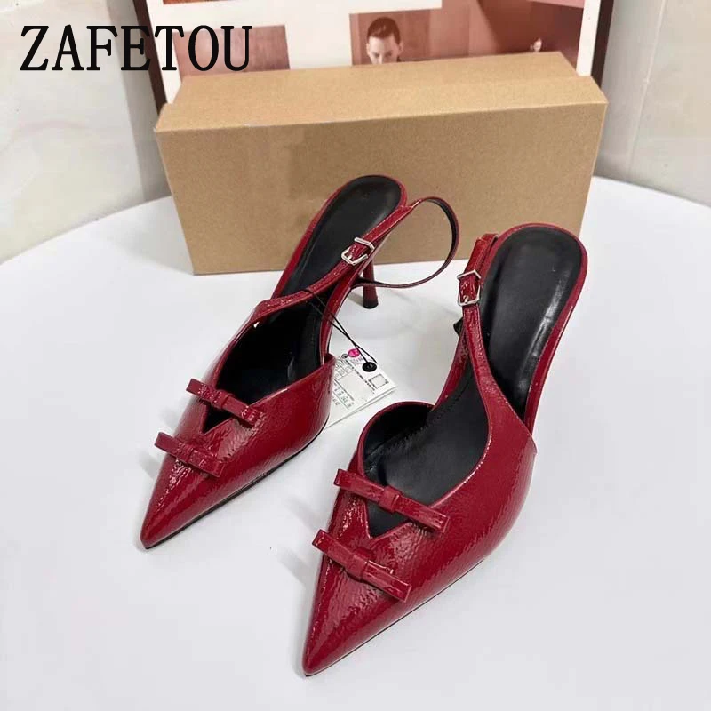 Zafetou Shoes Women 2024 Winter New Collection Red High-Heeled Wedding Shoes Butterfly Knot Back Empty Women's Sandals