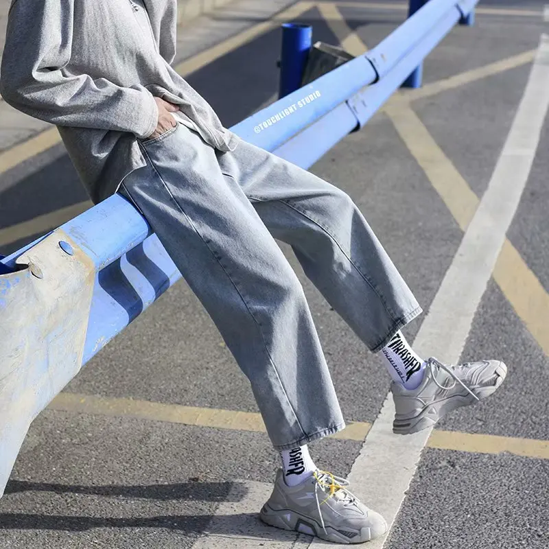 

Модные корейские мужские джинсы Nine Points, широкие брюки прямого кроя, повседневные брюки, удлиняющие ноги, свободный крой, джинсы для подростков