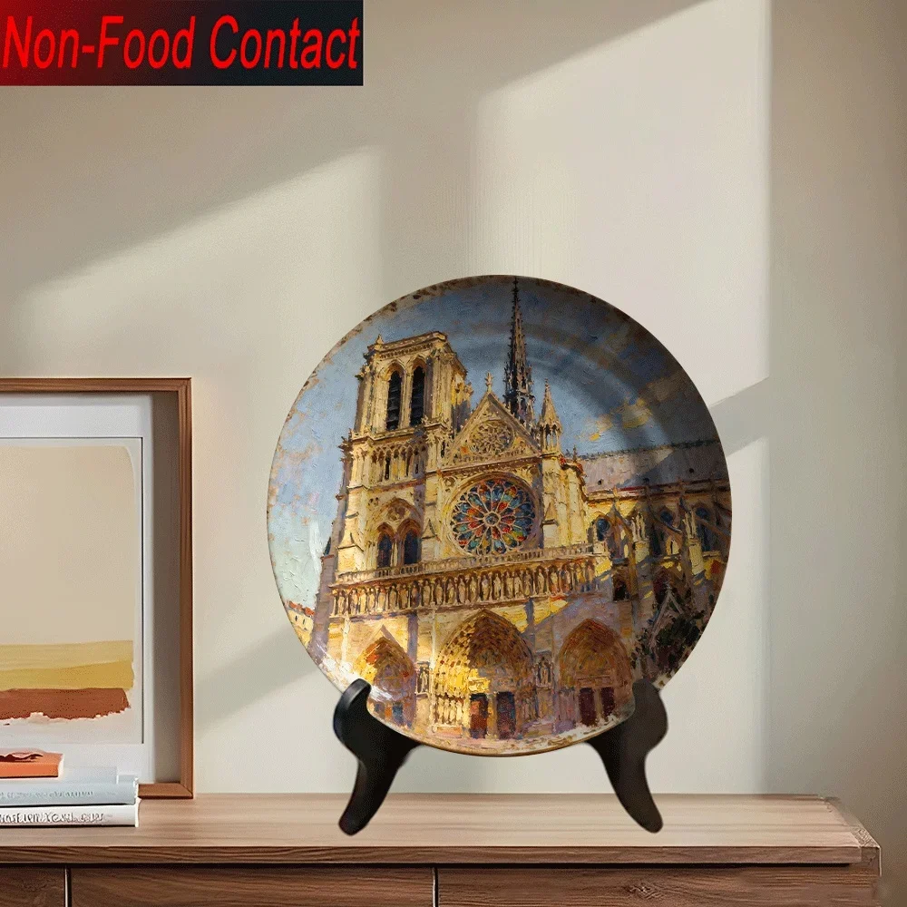 1pc Notre-Dame de Paris Ceramic Decorative Plate - French Gothic Architecture Replica with Iconic Cathedral Spires & Stained