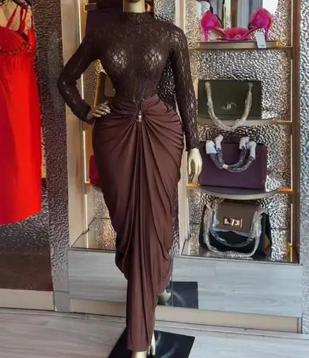 

Two Piece Set Women Outfit 2026 New Spring Autumn Long Sleeve High Collar Lace Perspective Shirt & High Waist Bag Hip Skirt Set