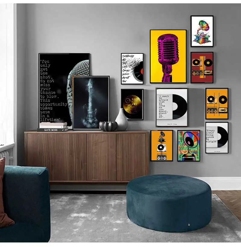 ملصق تسجيل موسيقى فينيل عتيق ، فن جداري ، أوتار جيتار ، صورة ، سماعة رأس ، كلمات ، لوحة قماشية ، طباعة ، ديكور استوديو