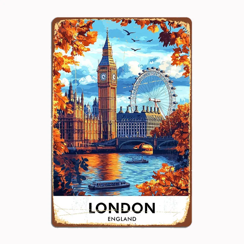 

London England Retro Travel Vintage Metal Sign Poster Garage Indoor Room Decor Club Tin Home Wall Decor