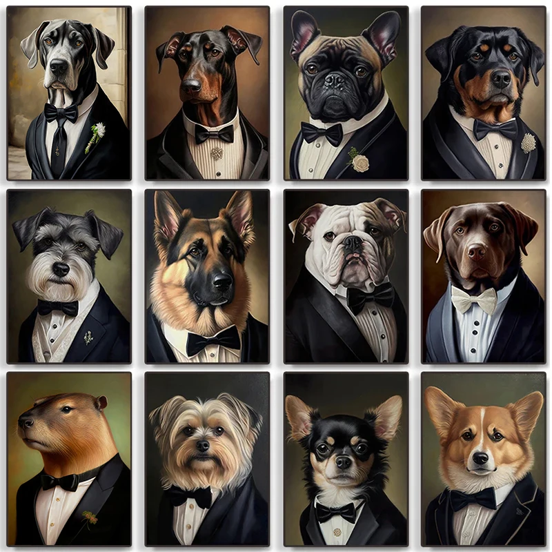 Retro Rottweiler Husky Shepherd Bulldog Yorkshire Dachshund A dog in A Tuxedo Canvas Painting Wall Art Pictures Home Room Decor