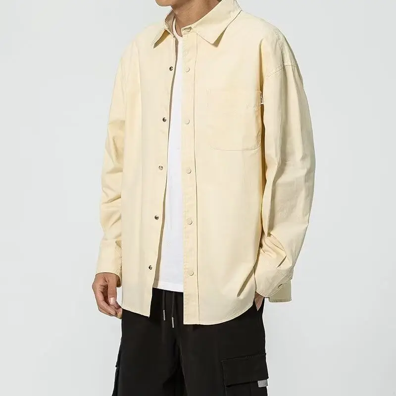 Japanese 2024 Spring and Autumn Men's New Splicing Square Collar Button Pocket Fashion Solid Color Loose Versatile Casual Shirts