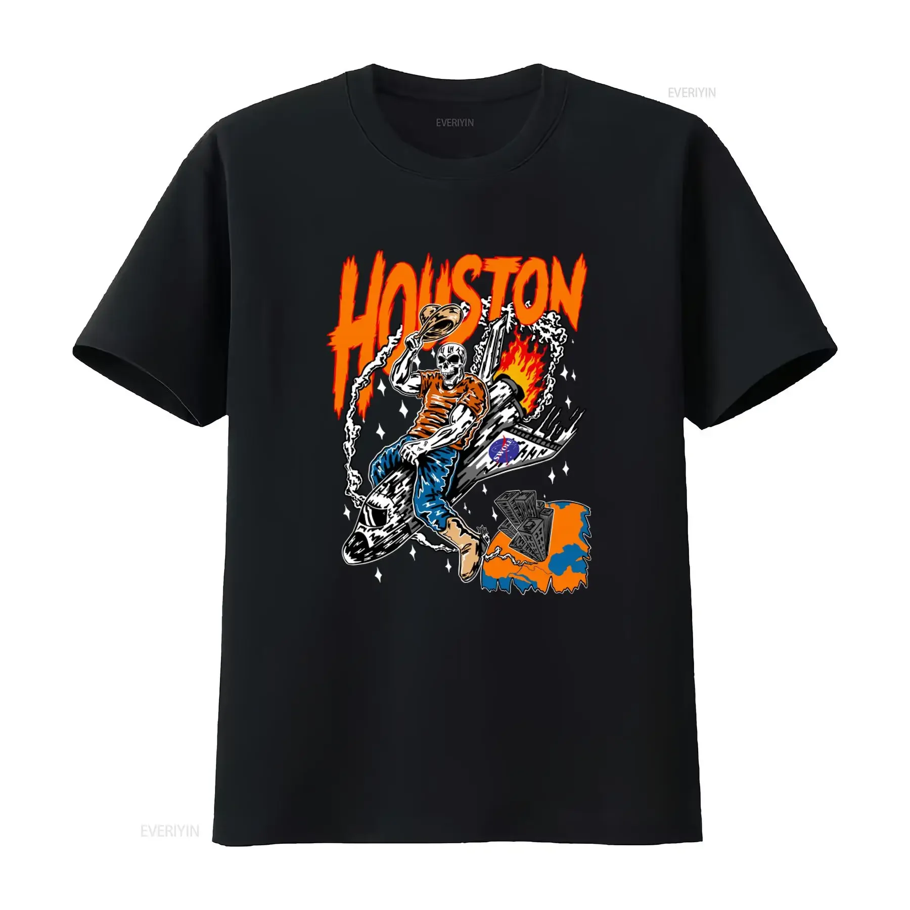 Camiseta Skeleton Driving Rocket, estilo streetwear para aficionados al baloncesto de Houston, cuello redondo, vintage, lavada, informal, elegante y transpirable