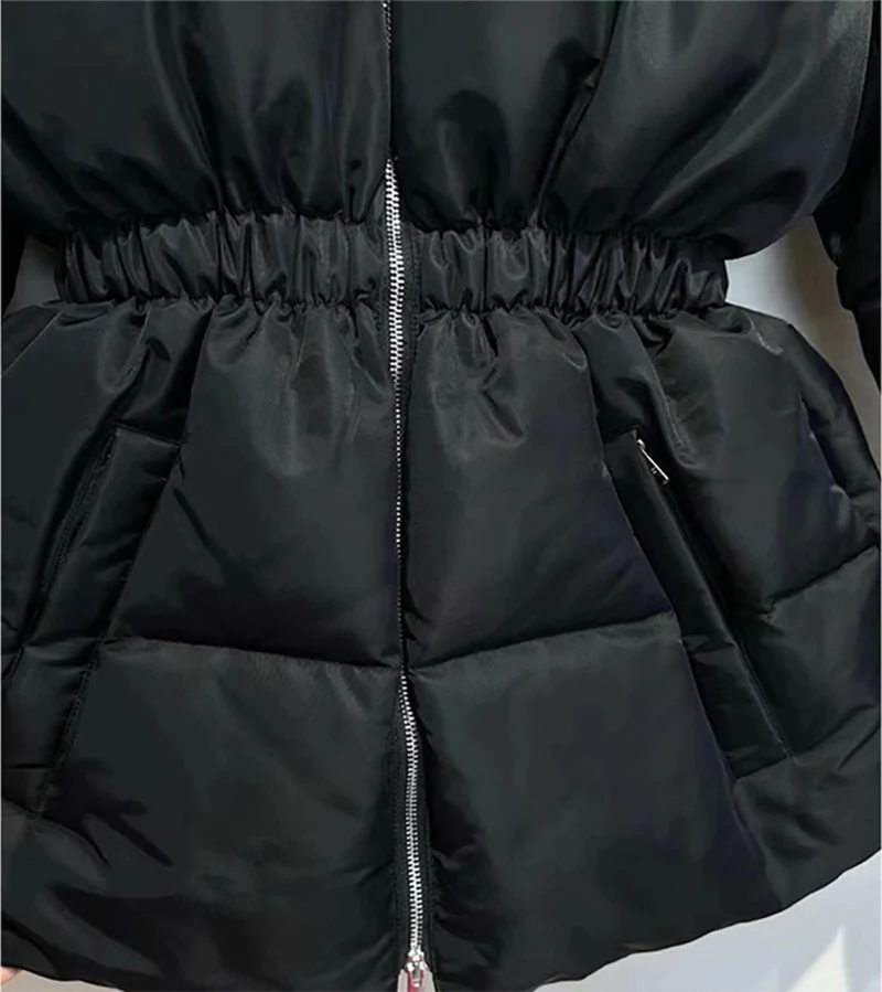 Solid Color Elastic Waist Long Sleeve Zipper Mid-Length Hooded Down Jacket Ant Waist Large Pockets Duck Down Warm Puffer Coat