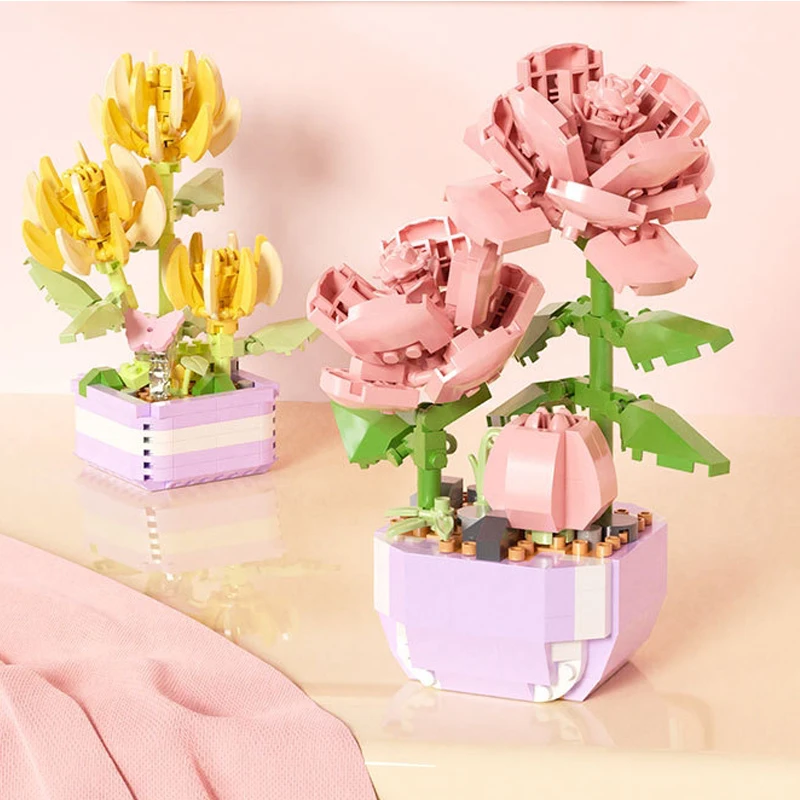 Mini Building Blocks Flower Pots Simulated Flowers and Plants Desktop Small Ornaments Assembled Toys Girls Gifts with nice price