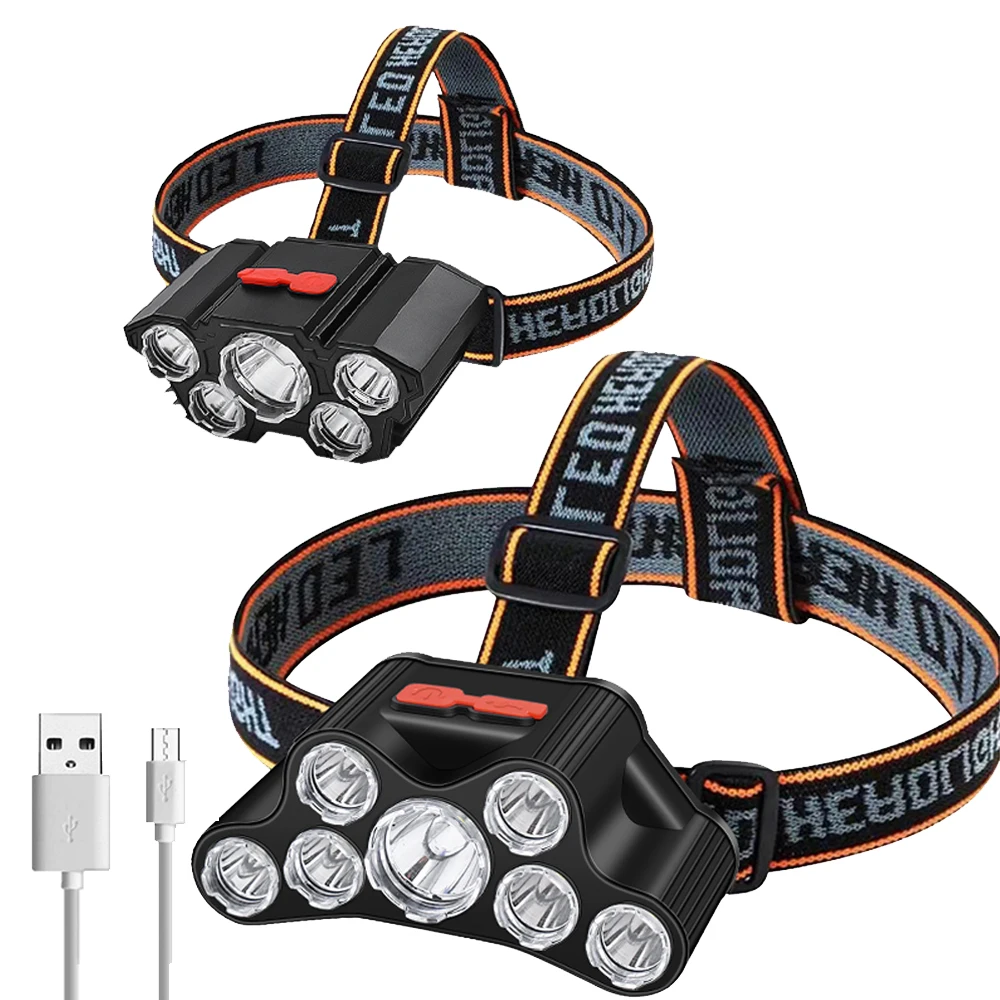 LED Strong Light Headed 5 Working Modes Outdoor Waterproof Fishing Light USB Rechargeable Ultra Bright Head Mounted Flashlight ﻿