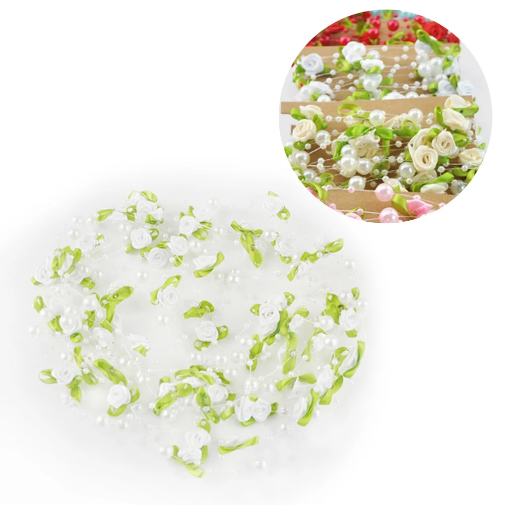 

5M White Pearls Beads Chain Artificial Rose Flower Garland Wedding Party Decoration Home Craft Bridal Floral Cuttable String