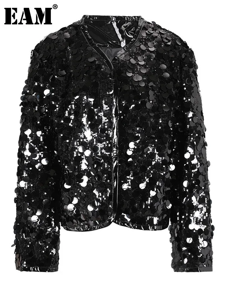 [EAM] Loose Fit Black Sequines Big Size Shining Jacket New O-neck Long Sleeve Women Coat Fashion Tide Spring Autumn 2025 1DH3333