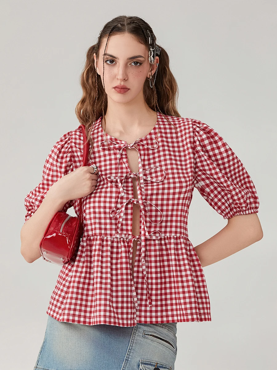 

Tie Front Tops for Women Plaid Print Peplum Babydoll Top Puff Sleeve Coquette Tops Cute Summer Going Out Tops