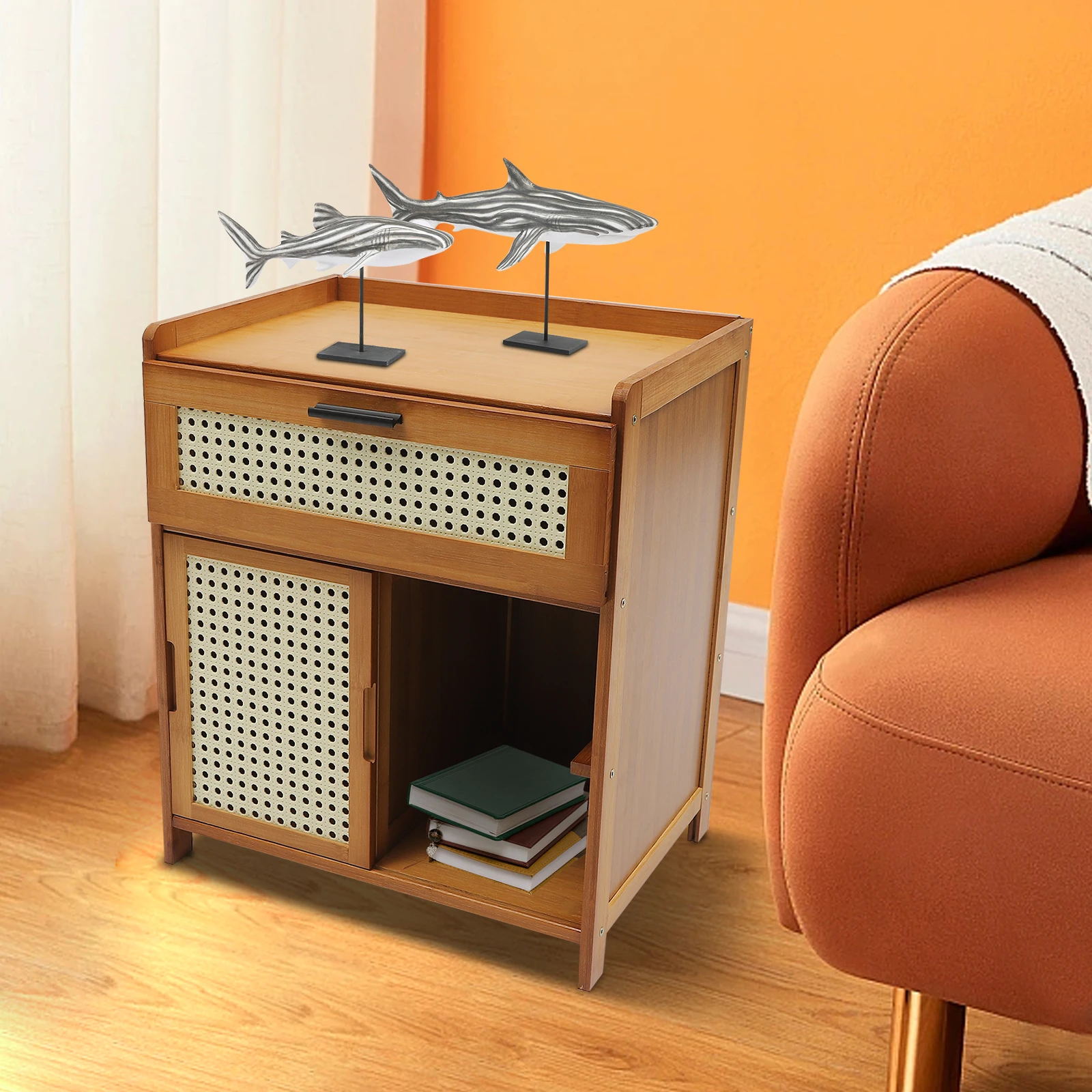 Tea Color Bedside Table, with Mesh Sliding Door and Drawer, Bamboo Night Stand for Bedroom, Durable Bedside Cabinet for Home