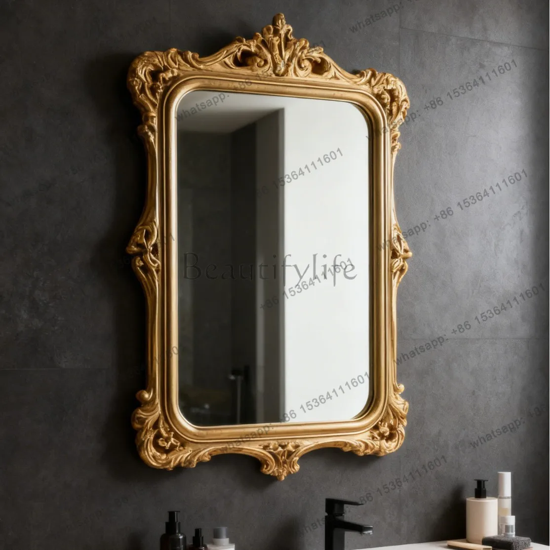 

European carved dresser vanity mirror light luxury French bathroom bathroom mirror wall hanging