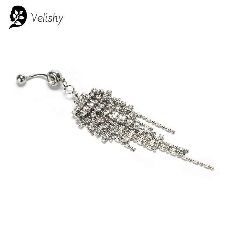 1Pc Surgical Steel Crystal Rhinestone Dangle Belly Button Ring Fashion Body Jewelry Clear Gem Tassel Navel Piercing 316L