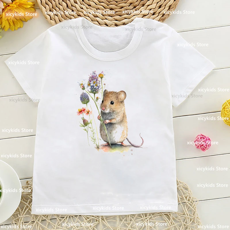 New arrival 2024 girls t-shirt Fox in a Meadow and Hamster Animal Print Kids tshirt Fashion Harajuku Boys Girls Unisex Clothing