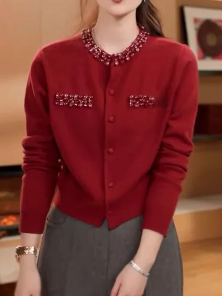 

New Year Red Faionable Retro Women's Camere Knitwear Long Sve Diamond Embedded Korean Sle Early Autumn Design Top