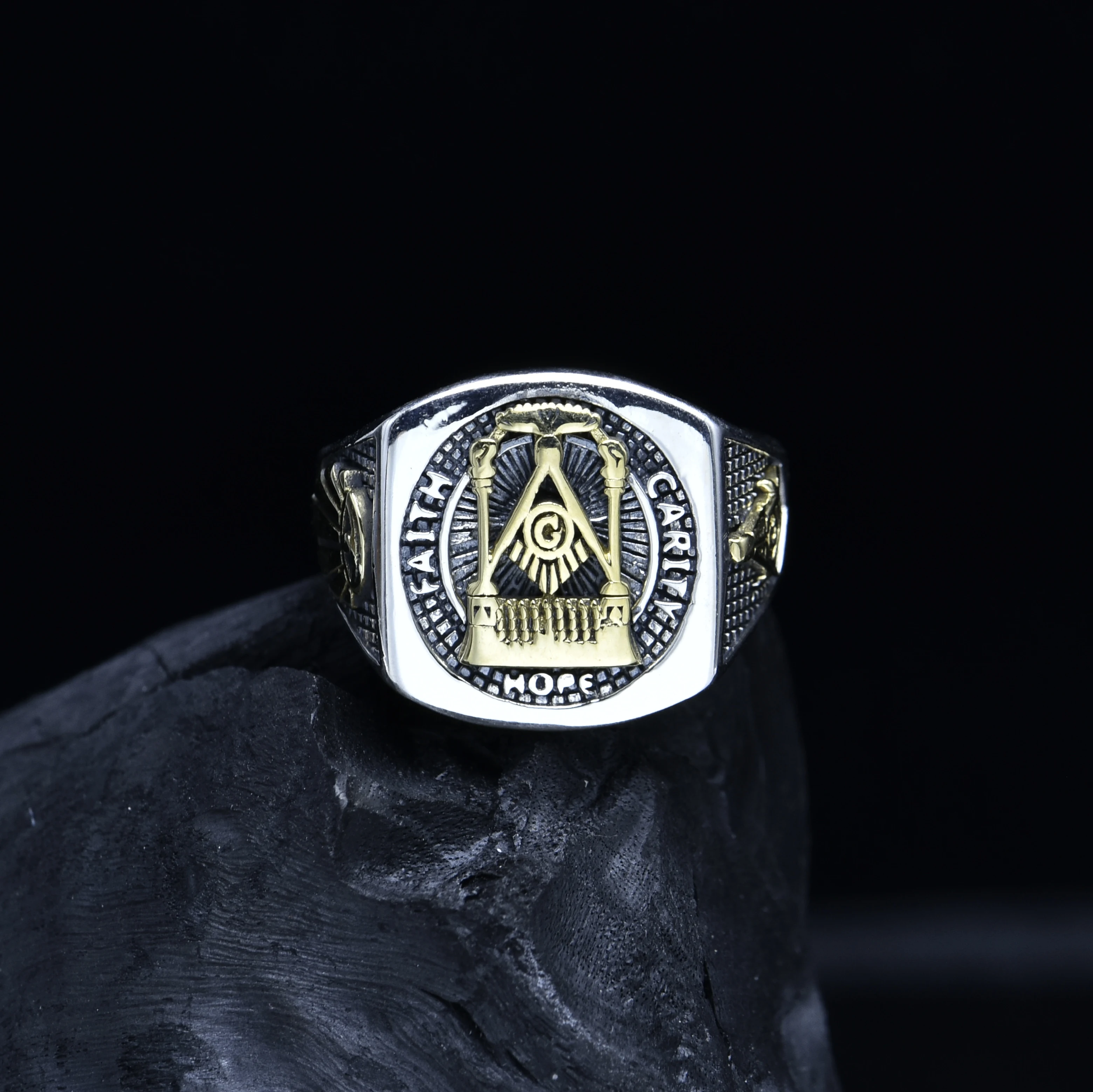 

S925 sterling silver Masonic belief ring domineering vintage Thai Silver open mouth ring cool popular brand men's accessories