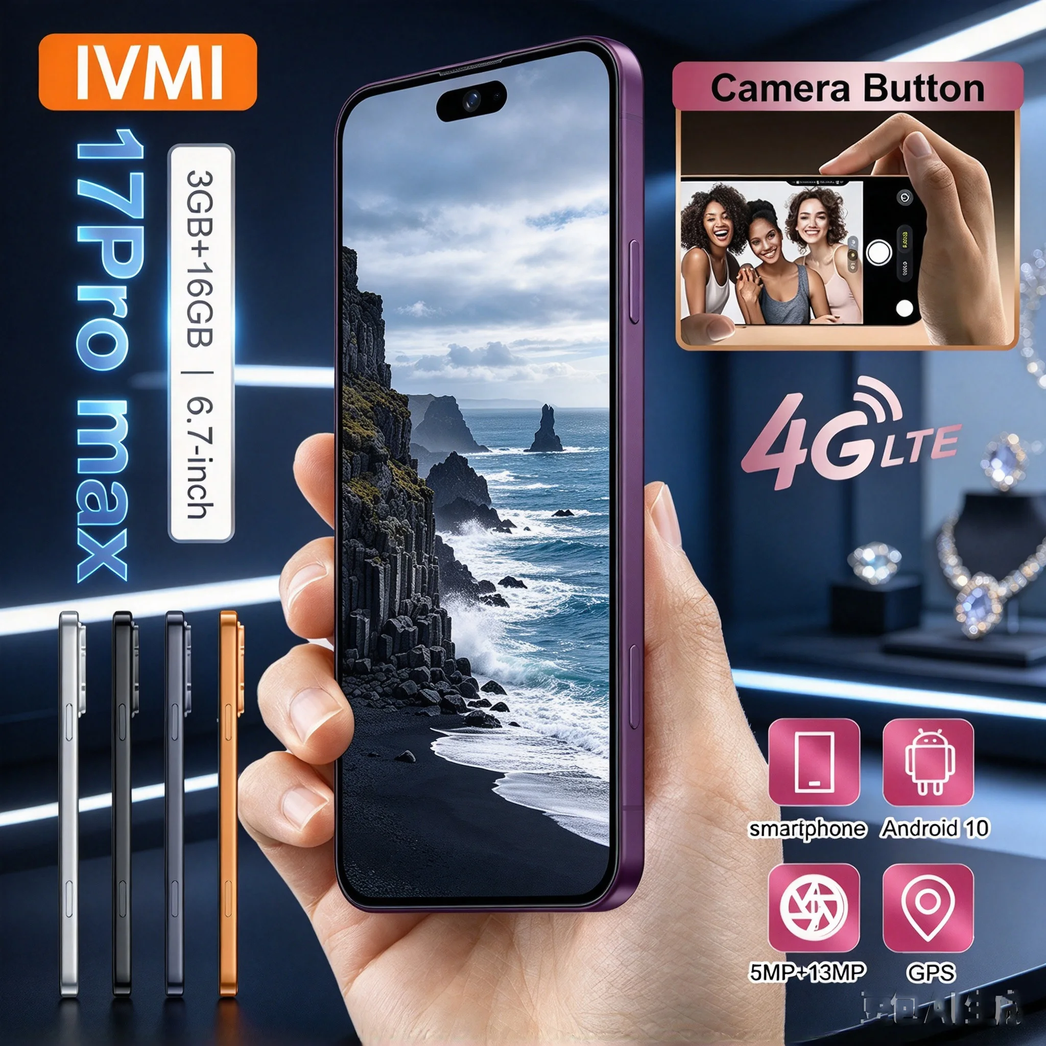 IVMI 17Pro Max Smartphone Android 3GB RAM 16GB ROM 5+13MP Face ID 4G Network Google Play Store Global Vision Mobile Phones