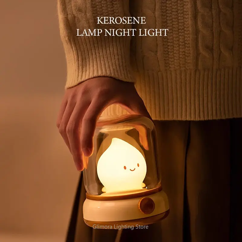 Lamp Vintage Oil Night Light for Bedroom, Stepless Dimming with Candle Mode & Delay Off, Retro Camping Style Bedside Decor Gift