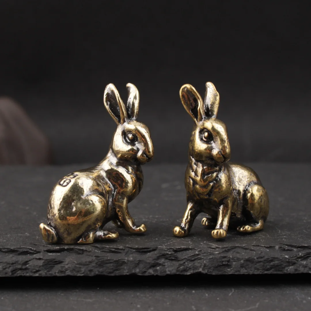 2 pieces of vintage brass pair of small lucky rabbits desktop decoration small ornaments twelve zodiac rabbit tea pets