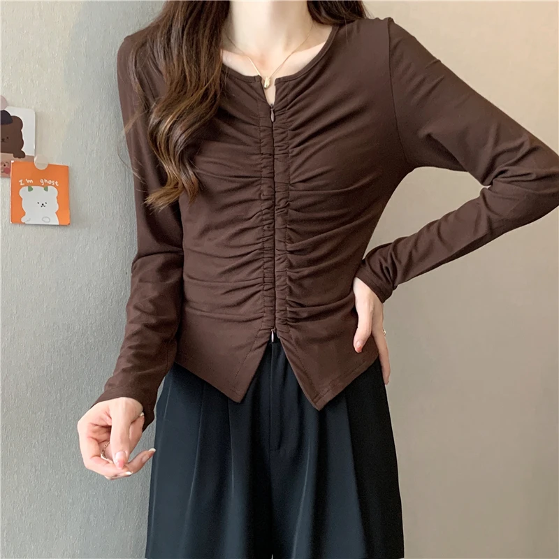 Vintage Pleated Shoulders Slim Tunic Fall Spring Long Sleeve Round Neck Women T Shirt Fashion Harajuku Bodycon Clothes Euro Size