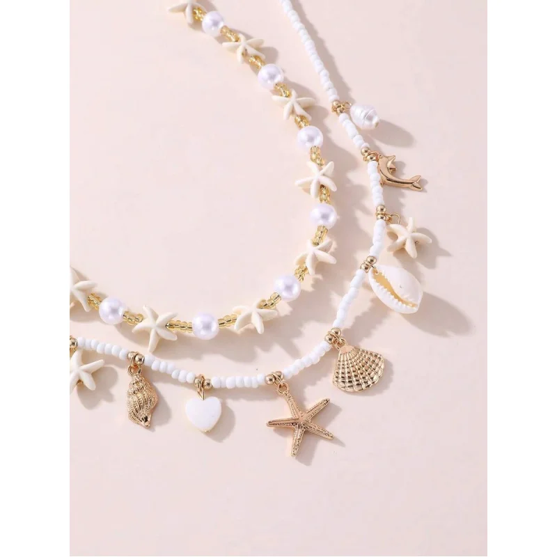 2pcs Set Beaded Shell & Starfish Necklace – Perfect for Holiday Celebrations & Everyday Wear.