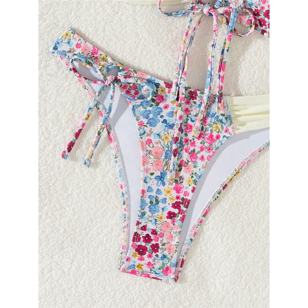 Sexy Blumenmuster-Bandeau-Bikini mit Splicing-Design, Damen-Badebekleidung, zweiteiliger Bikini-Set, Badeanzug, Badebekleidung, Schwimmanzug V6029 – Detail 12