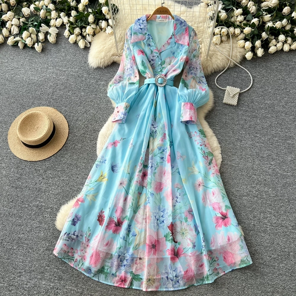 

Elegant Gorgeous Flower Prom Long Dresses Women's Lapel Lantern Sleeve Single Breasted Beach Casual Holiday Vacation Vestidos