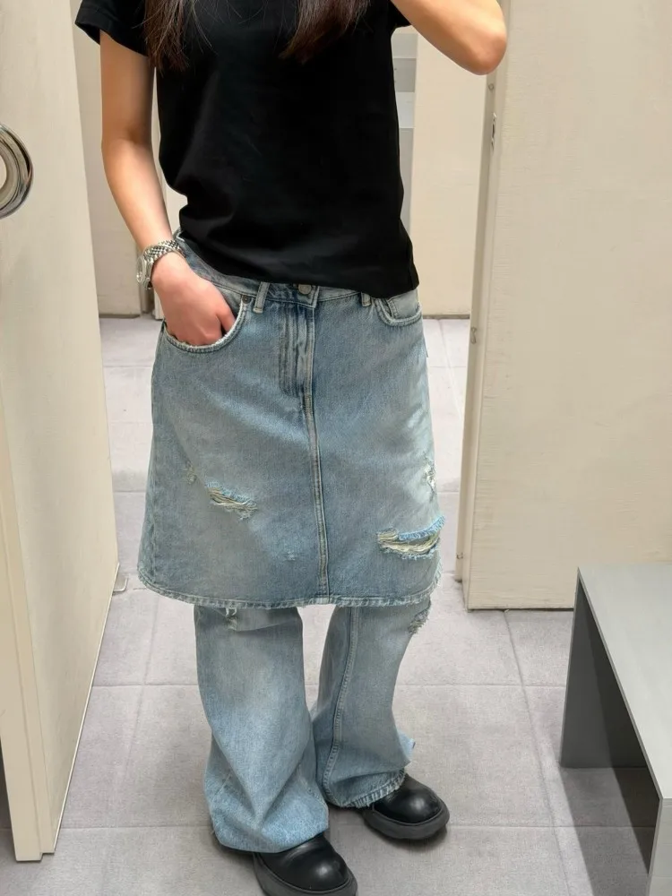 Designer Womens High Street Fake Two Design Jeans Retro Spliced Wide Leg Pants Chic Females Leisure Denim Trousers Size26-34