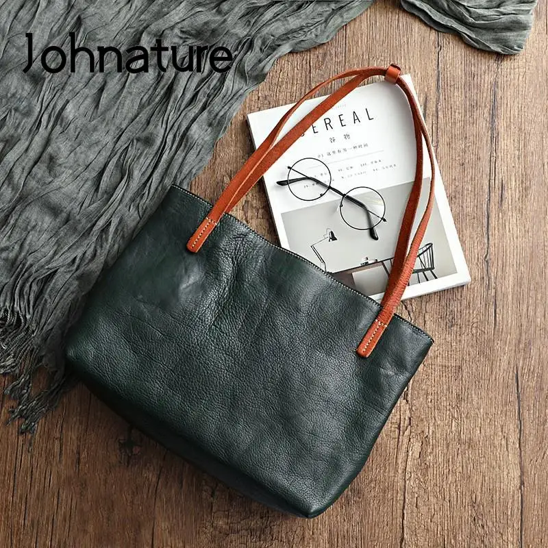 Borsa da donna di grande capacità Tote casual in vera pelle Johnature Borse a tracolla vintage in morbida pelle bovina naturale tinta unita semplice