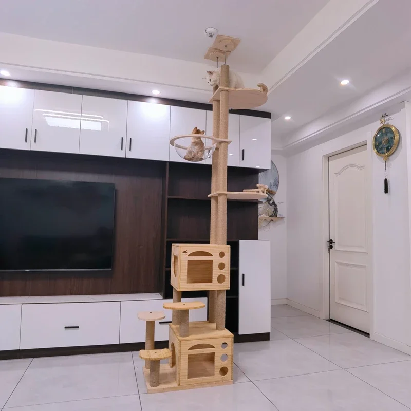 إطار تسلق القطط، عمود Tongtian مزدوج من الخشب الصلب المتكامل، منصة القفز على شكل شجرة القطط، لعبة القطط، مخالب الطحن